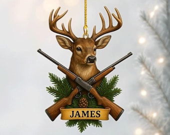 Adorno de rifle con cabeza de ciervo, recuerdo navideño personalizado de cazador, decoración de pabellón de caza con nombre personalizado, regalo de Navidad para amantes de la naturaleza