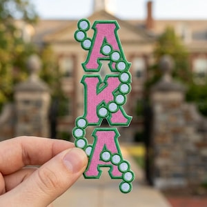AKA Vertical Pearl Patch, Alpha Kappa Alpha Embroidered Letters Iron On, Pink and Green Sorority Pearl Badge for Jackets and Jeans