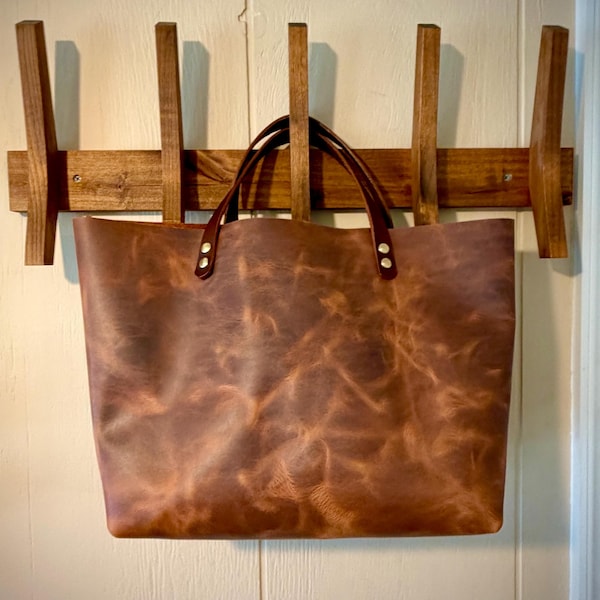 Bolso tote de piel Horween en color ciprés + Dublin Leathers (con bolsillo interior y gancho para llaves)