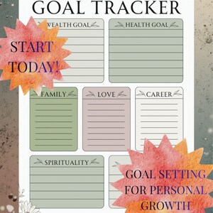 May include: A yearly goal tracker with sections for wealth, health, family, love, career, and spirituality. The design includes the text "Yearly Goal Tracker", "Start Today!", and "Goal Setting for Personal Growth". The layout is on a white background with watercolor accents.