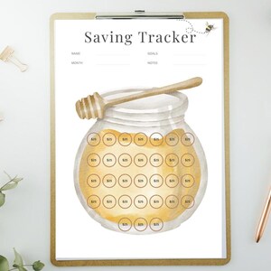 Afdrukbare besparingsuitdaging van 1000 dollar, honingbesparende tracker, digitale budgetplanner