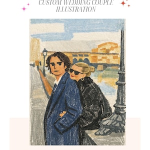 Puede incluir: Ilustración de una pareja en una ciudad europea, probablemente para papelería. El hombre lleva un abrigo azul, y la mujer lleva un abrigo negro y gafas de sol. Texto: "For Stationery CUSTOM WEDDING COUPLE ILLUSTRATION."
