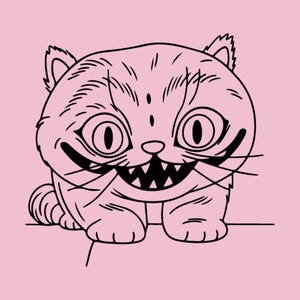 Puede incluir: Ilustración de dibujos animados en blanco y negro de un gato con una amplia sonrisa dentada y ojos grandes y ovalados, sobre un fondo rosa. El diseño del gato es simple pero expresivo, con un encanto ligeramente inquietante. El estilo recuerda a un dibujo animado clásico.
