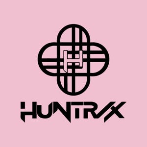 May include: A black logo featuring the word "HUNTRX" and a geometric design set against a pale pink backdrop. The logo includes a stylized "H" within a cross-shaped design, with the text below in a bold, contemporary font.