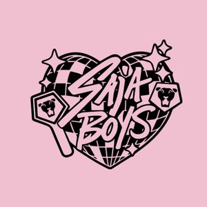 May include: A black and white graphic design on a pink background. The design features the words "SAJA BOYS" in a stylized font, set within a heart shape. The heart is overlaid on a globe and surrounded by stars and geometric shapes.