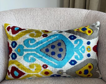 Colorful Velvet Ikat Pillow Cover – Handmade Silk Cushion