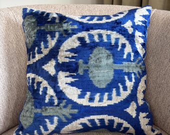 Blue Luxury Ikat Pillow Cover - Handmade Silk Ikat Cushion