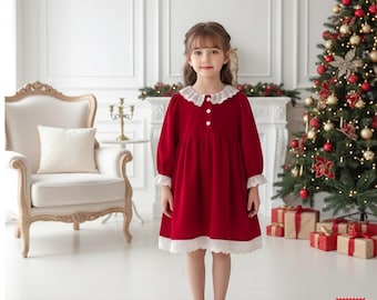 Abito natalizio in velluto rosso, abito vintage a maniche lunghe ispirato a Babbo Natale per foto invernali e feste in famiglia