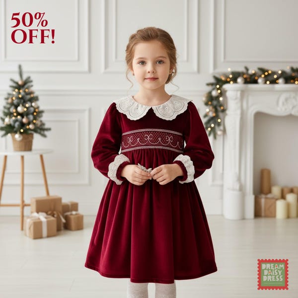 Girls Burgundy Velvet Christmas Dress, Lace Collar Smocked Dress for Family Photos & Church Events