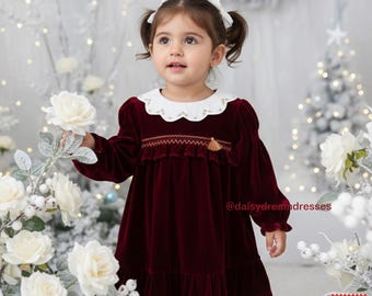 Girls Burgundy Velvet Christmas Dress with White Collar