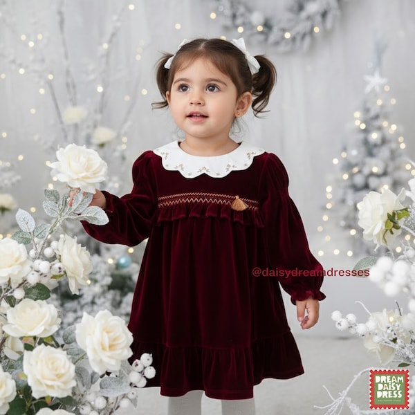 Girls Burgundy Velvet Christmas Dress with White Collar