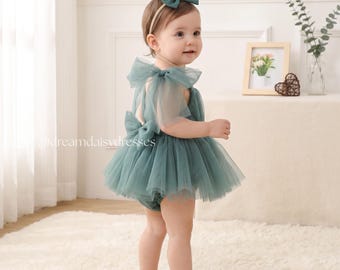 Grüner Tüll Baby Strampler Kleid mit Stirnband | Erster Geburtstag Outfit | Kuchen Smash Kleid | Blumen Mädchen Säugling Tutu | Photo Prop Set