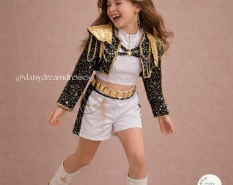 Girls Golden Warrior Princess Costume, K-Pop Inspired Fantasy Idol Outfit, Sequin Stage Performance Set