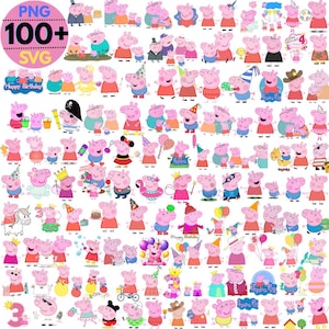 Può includere: Una collezione di illustrazioni di cartoni animati di Peppa Pig in varie pose e abiti. Le immagini includono personaggi di Peppa Pig con cappelli da festa, che tengono in mano palloncini e indossano costumi. L'immagine include anche il testo "PNG 100+ SVG" e "Happy Birthday".