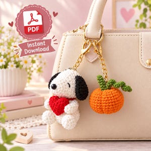 Snoopy Crochet Dog & Pumpkin Keychain Pattern, Halloween Handmade Amigurumi Plush Dog and Pumpkin Bagcharm (PDF Pattern)