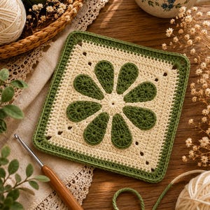 May include: A square crochet motif featuring a central flower design with eight dark green petals on a cream-colored background, framed by a dark green border. The piece is worked in a flat, geometric pattern with visible stitches and yarn texture.