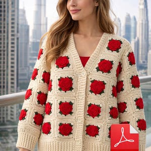 Peut inclure: Cardigan en crochet de couleur crème avec des appliqués de roses rouges. Le pull à col en V a une fermeture boutonnée sur le devant et des manches longues. L'image comprend également une icône PDF et du texte en anglais, espagnol, italien, allemand et français.