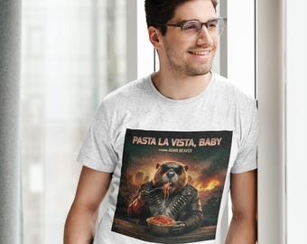 Camiseta "Castor Comendo Macarrão": Ele Voltou - Camiseta de Manga Curta Estampada para o Verão, Unissex - Roupa Divertida para Aventuras