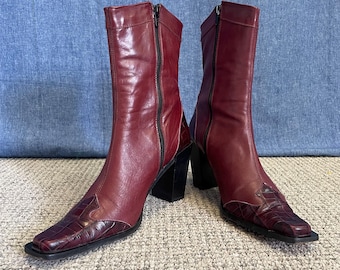 Botas de cuero italianas SILLY vintage de los 90 / Botas vaqueras color burdeos / Talla EU 40