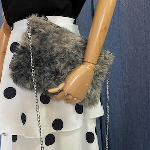 Marc Cain Y2K Faux Fur & Python Print Evening Bag, Silver Chain Fluffy Shoulder Bag