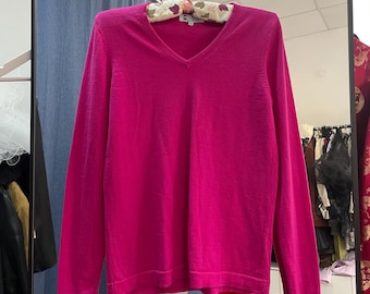 Jersey vintage rosa fucsia de lana merino, cuello en V de lana australiana extrafina, talla XS-S