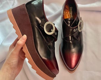 Desigual Vintage Burgundy Ombre Leather Platform Shoes Buckle Loafers Size EU 39