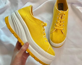 Vintage 90s Yellow Canvas Platform Sneakers | Y2K Cyber Flatform Shoes (Size 40)
