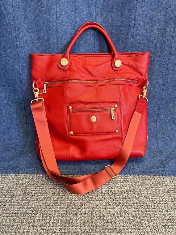 Knomo London Oria Red Leather Laptop Tote Bag – Padded Tech Compartment, Full-Grain Grainy Leather