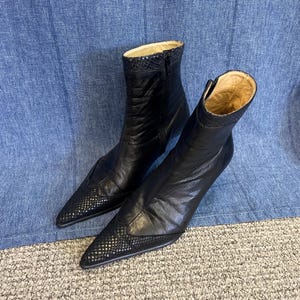 Vintage 90s Black Leather Pointed Toe Boots, Snakeskin Embossed Detail, Size 37