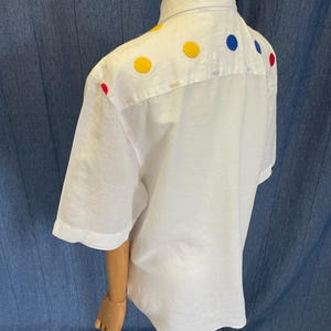 Vintage Linen White Shirt with Colorful Polka Dots & Swirl Buttons, 80s 90s European Retro