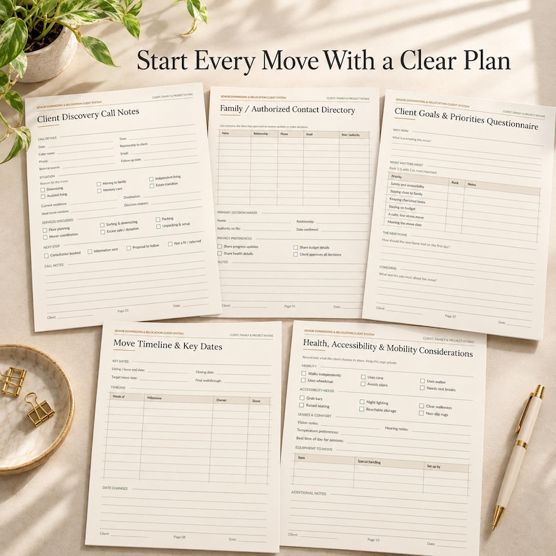 May include: Five white paper planning sheets with black text titled Start Every Move With a Clear Plan. The forms include Client Discovery Call Notes, Family Authorized Contact Directory, Client Goals and Priorities Questionnaire, Move Timeline and Key Dates, and Health, Accessibility and Mobility Considerations.