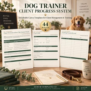 May include: A Dog Trainer Client Progress System featuring 44 editable Canva templates. The set includes printed pages for client welcome, dog profiles, and training session records, alongside a notebook, a brown leather leash, and a mug.