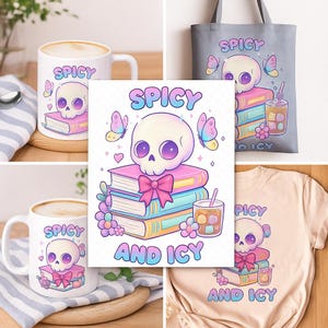 Puede incluir: Una colección de artículos con un gráfico de una calavera sobre una pila de libros con mariposas, un lazo rosa y una bebida. El diseño incluye el texto SPICY AND ICY. Los artículos incluyen una taza de cerámica, una bolsa de tela y una camiseta.