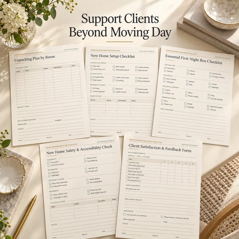 May include: Five printed checklists and forms on off-white paper titled Support Clients Beyond Moving Day, including Unpacking Plan by Room, New Home Setup Checklist, Essential First-Night Box Checklist, New Home Safety & Accessibility Check, and Client Satisfaction & Feedback Form.