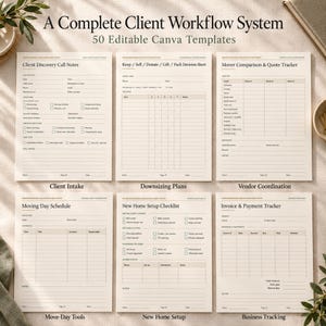 May include: A set of six beige printable templates titled A Complete Client Workflow System 50 Editable Canva Templates. The pages include Client Discovery Call Notes, Keep Sell Donate Gift Pack Decision Sheet, Mover Comparison Quote Tracker, Moving Day Schedule, New Home Setup Checklist, and Invoice Payment Tracker.