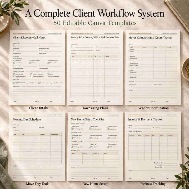 May include: A set of six beige printable templates titled A Complete Client Workflow System 50 Editable Canva Templates. The pages include Client Discovery Call Notes, Keep Sell Donate Gift Pack Decision Sheet, Mover Comparison Quote Tracker, Moving Day Schedule, New Home Setup Checklist, and Invoice Payment Tracker.