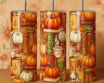 Fall Tumbler Wrap, Pumpkins and Books, Cozy Autumn Design (Digital Download)