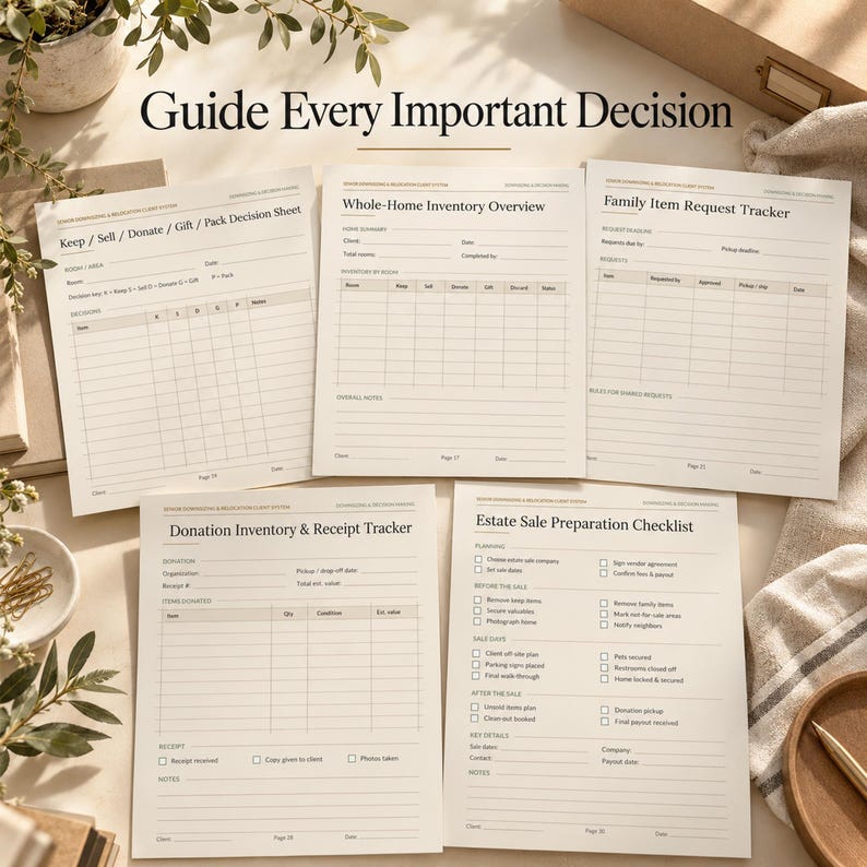 May include: A set of five printed organizational forms with black text on off-white paper. The sheets include titles: Keep/Sell/Donate/Gift/Pack Decision Sheet, Whole-Home Inventory Overview, Family Item Request Tracker, Donation Inventory & Receipt Tracker, and Estate Sale Preparation Checklist.