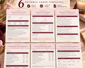 Waxing Studio Forms Bundle, 6 Editable Canva Templates (Digital Download)