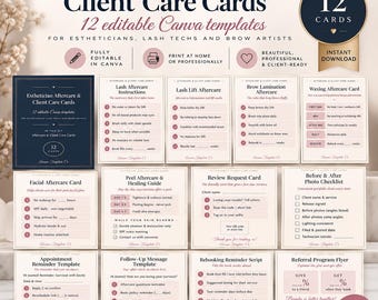 Esthetician Aftercare & Client Care Cards, 12 Editable Canva Templates (Digital Download)