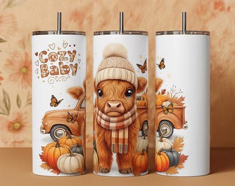 Fall Highland Cow Tumbler Wrap: 20oz Skinny Sublimation Design (PNG Download)