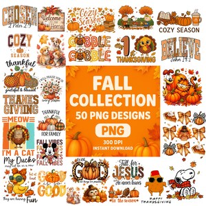 Puede incluir: Una colección de diseños PNG con temática otoñal. La imagen presenta varios gráficos, incluyendo calabazas, pavos, hojas de otoño y texto como "Cozy Season" y "Happy Thanksgiving". Los diseños están disponibles para descarga instantánea a 300 DPI.
