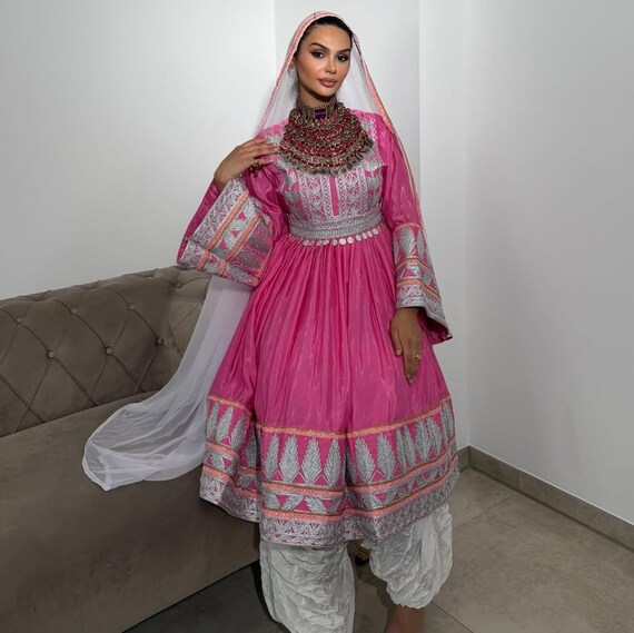 pink dress for eid Afghan Pink Embroidered Dress: Handmade Traditional Outfit Eid and Wedding  Wear