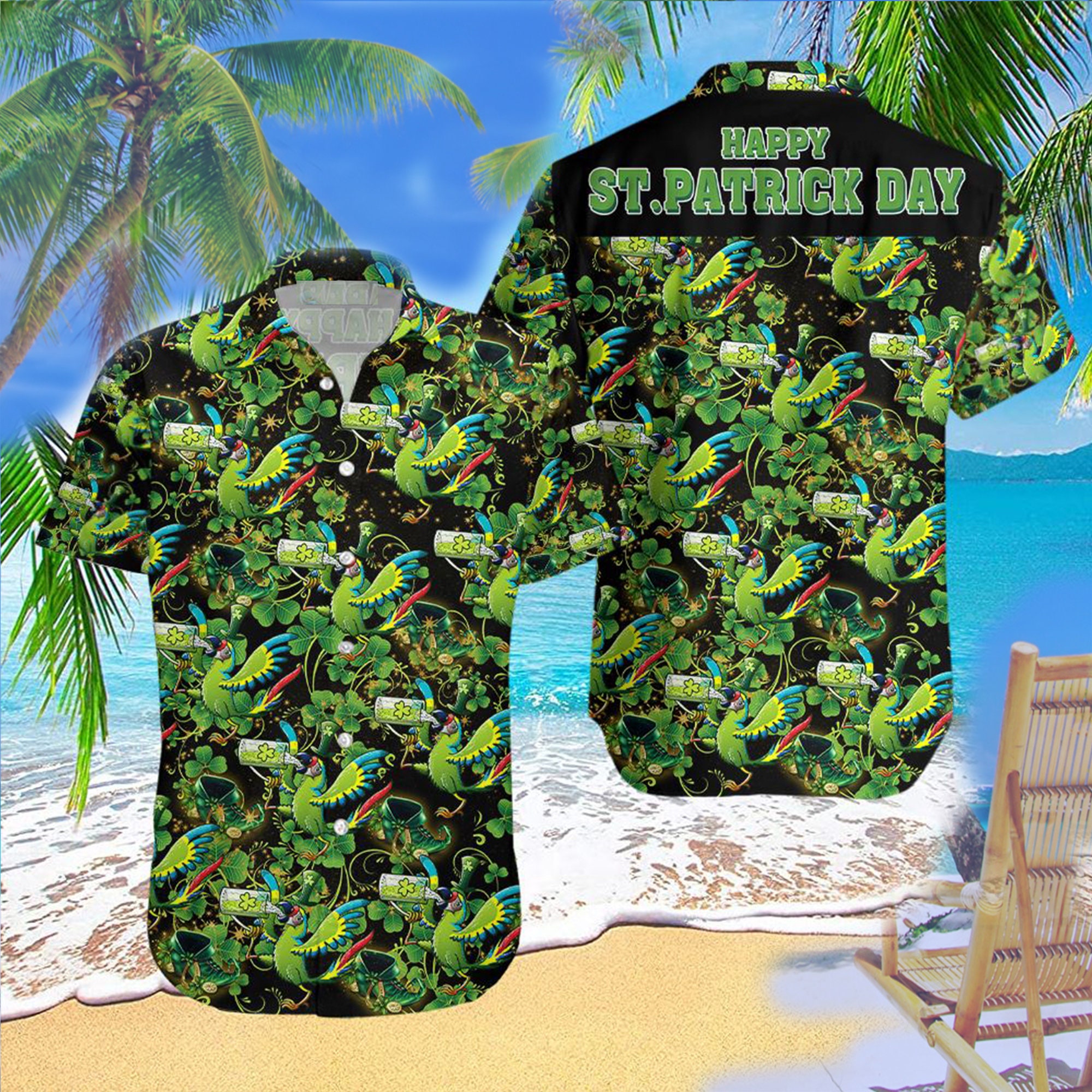 Discover Exotic Green Macaw St Patrick Day Hawaiian Shirts, Gifts Aloha Hawaiian Shirts