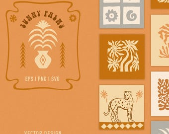 Tropical Palm Clipart, Retro Palm Leaf Vector Graphics, Boho Branding Elements, SVG PNG EPS
