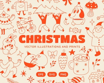 Hand-Drawn Christmas Vector Clipart, Whimsical Doodle Holiday Illustrations (SVG, PNG, EPS)
