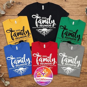 May include: Six t-shirts in different colours: black, yellow, green, blue, red, and grey. Each shirt displays the text "2026 Family Reunion" in white, with the phrase "Growing Together Rooted in Love Forever United" underneath, in a decorative font.