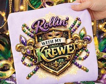 Mardi Gras PNG, Rollin' With My Krewe, Beads & Fleur de Lis (Digital Download)