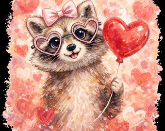 Leopard Raccoon Valentine PNG, Heart Balloon, Animal Love Design (Digital Download)