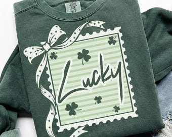 Lucky Postage Stamp SVG PNG, St Patrick’s Day Shirt Design, Trendy Coquette Clover Cut File, St Paddy’s Sublimation